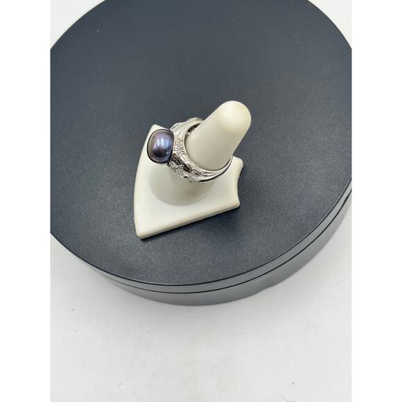 RT Platinum Sterling 12mm Black Cultured Freshwater Pearl Diamond Star Ring 7.25 - Picture 7 of 12